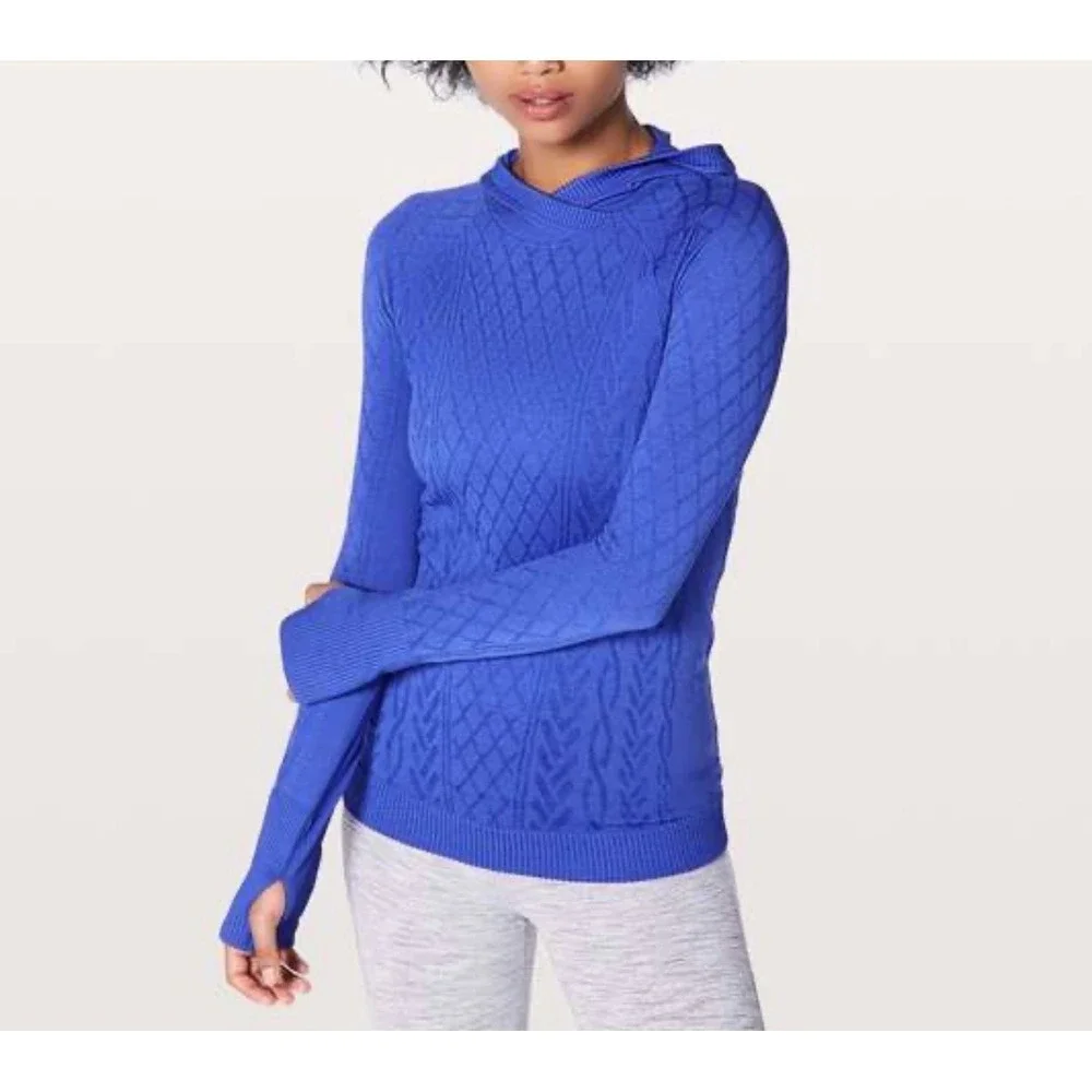 Lululemon Rest Less Hoodie Blue Jacquard Knit Seamless Pullover Sweater